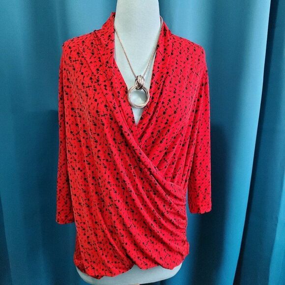 Vince Camuto Tops - Vince Camuto Red & Black Wrap front Stretchy Blouse 1X